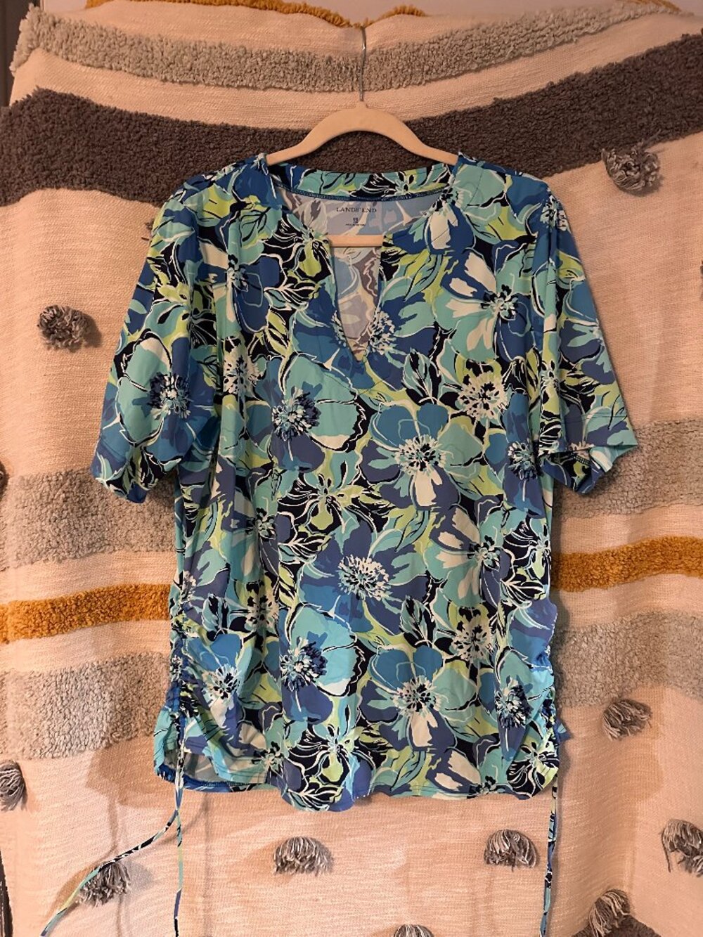 Lands' End Tropical Floral Short-Sleeve Swim Tee Rashguard - Blue & Green Plus 0